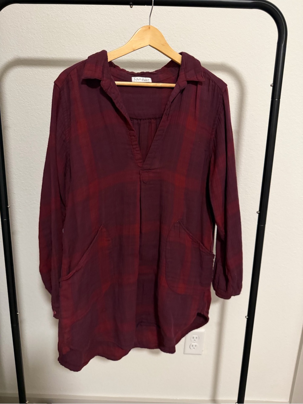 Free People FP Shades Burgundy Plaid Tunic Shirt Size S Made in USA